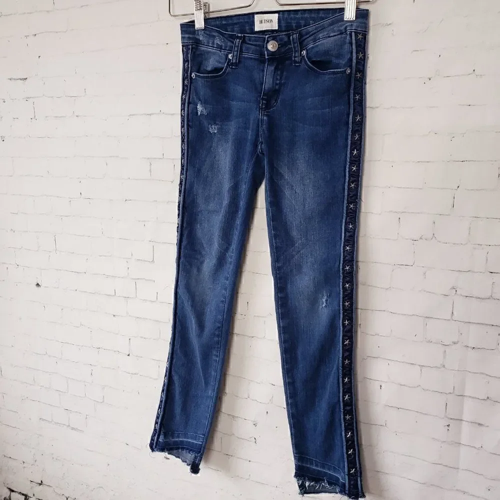 Hudson Girls Jeans Size 12 Dark Wash Distressed Star Studs Stretch Raw Hem